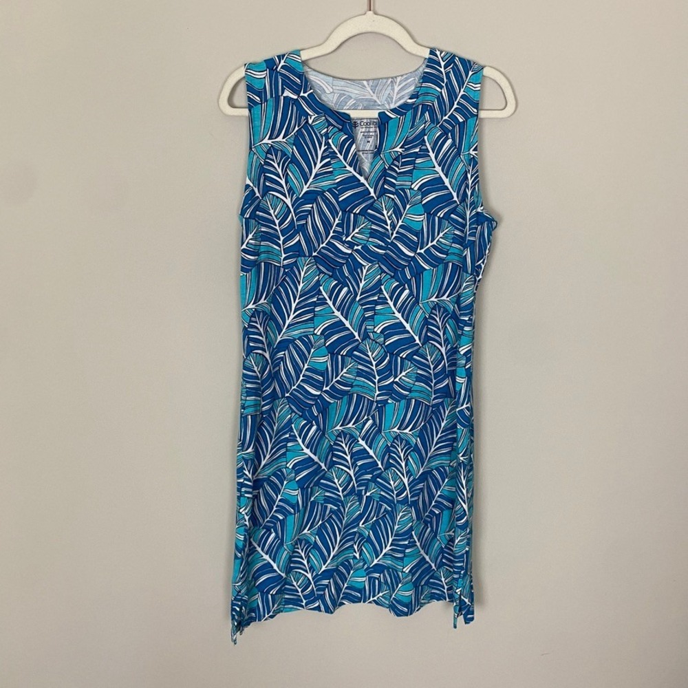 Coolibar Oceanside Tank Dress Medium Blue Tropical‎ Leaf UPF 50+ Beachy Vacation